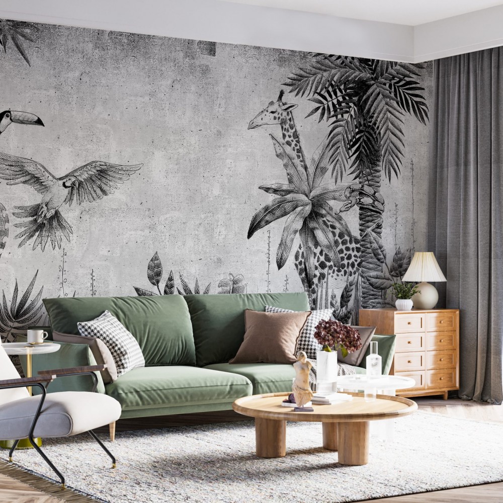 Siyah Beyaz Gravür Desenli Zürafa ve Egzotik Kuş Temalı Duvar Kağıdı