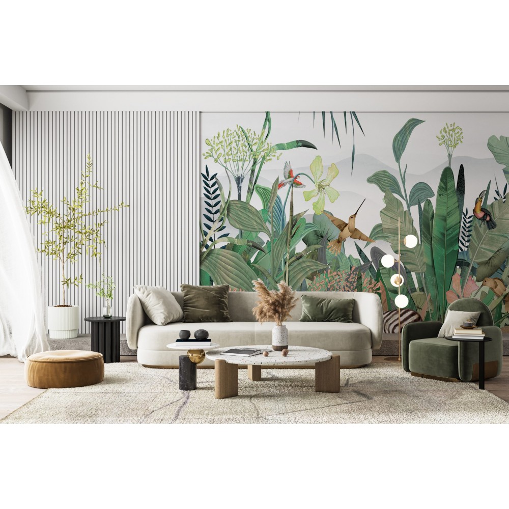 Pastel Tropikal Orman, Zebra ve Egzotik Kuş Desenli Duvar Kağıdı