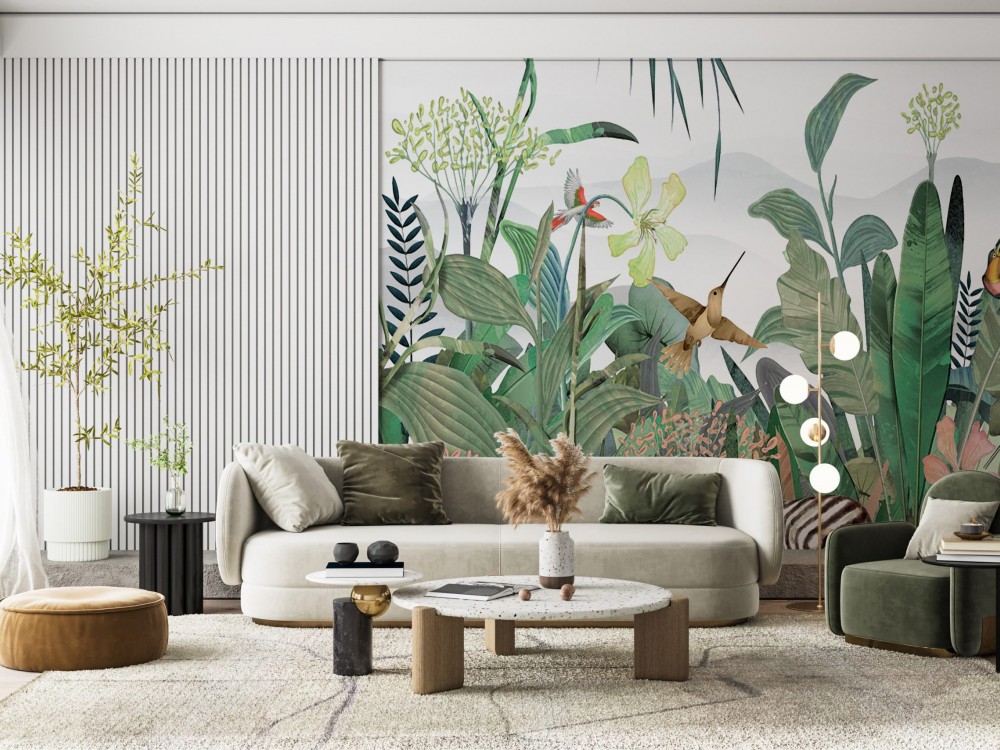Pastel Tropikal Orman, Zebra ve Egzotik Kuş Desenli Duvar Kağıdı