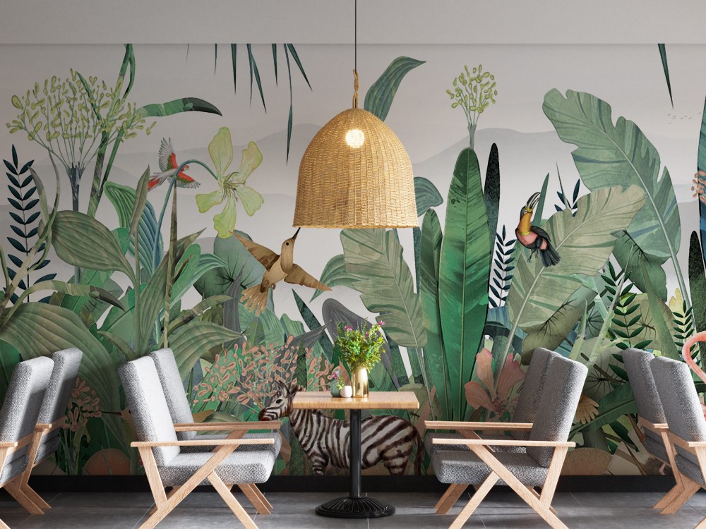 Pastel Tropikal Orman, Zebra ve Egzotik Kuş Desenli Duvar Kağıdı