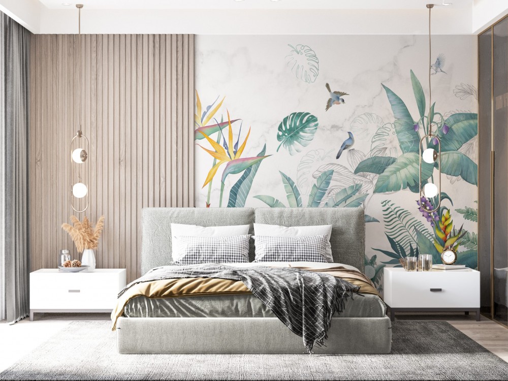Mermer Dokulu Zemin Üzerine Pastel Tropikal Yaprak ve Kuş Desenli Duvar Kağıdı