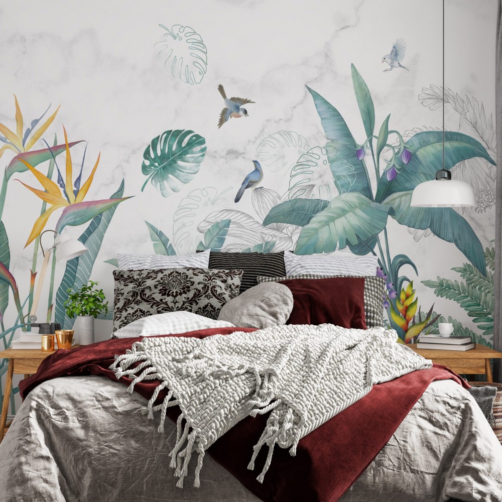 Mermer Dokulu Zemin Üzerine Pastel Tropikal Yaprak ve Kuş Desenli Duvar Kağıdı