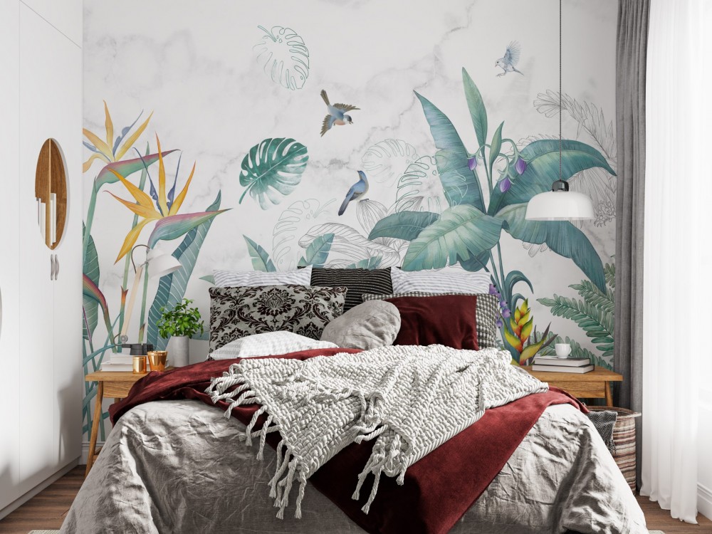Mermer Dokulu Zemin Üzerine Pastel Tropikal Yaprak ve Kuş Desenli Duvar Kağıdı