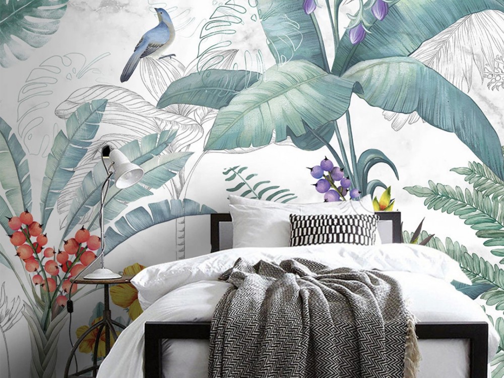 Mermer Dokulu Zemin Üzerine Pastel Tropikal Yaprak ve Kuş Desenli Duvar Kağıdı