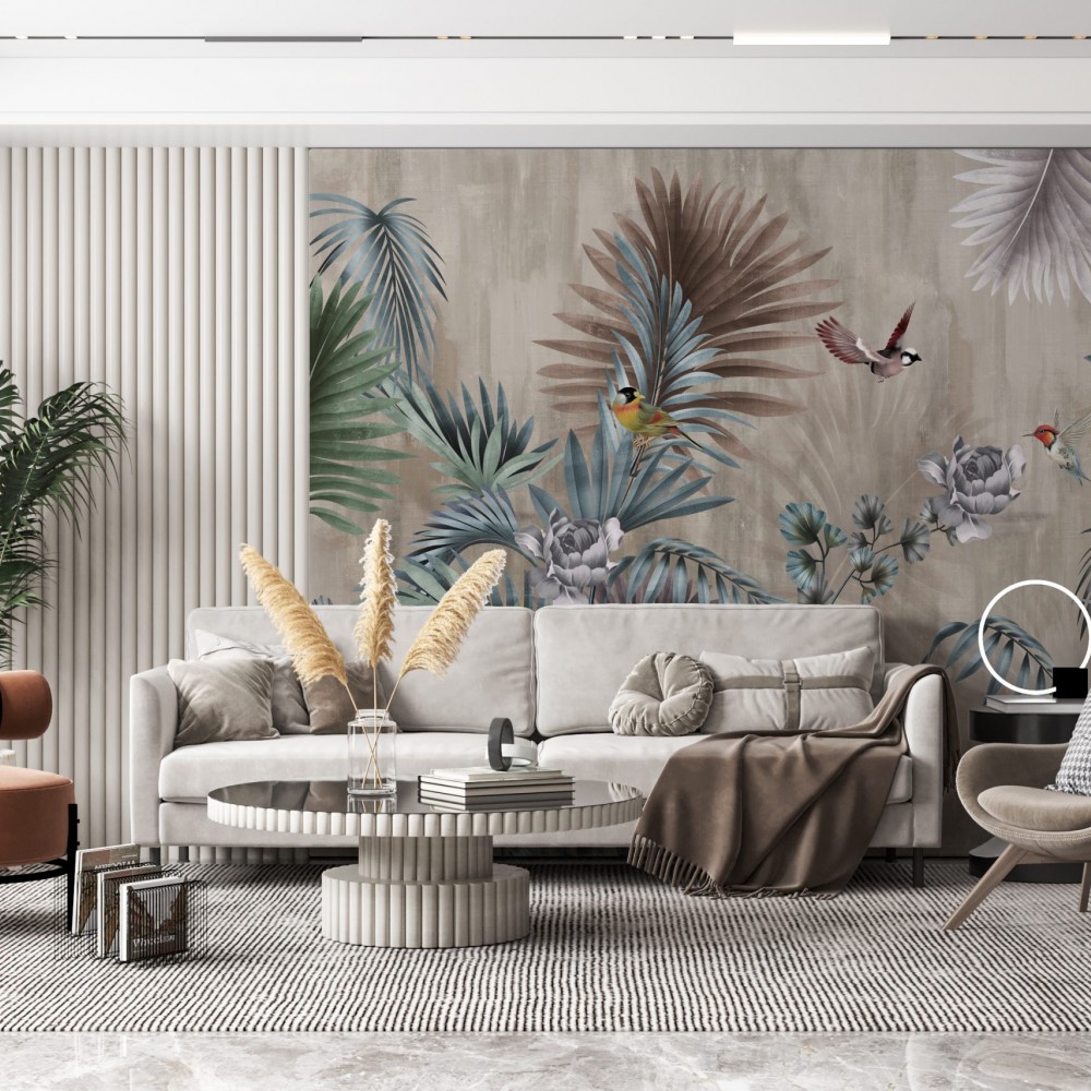 Keten Dokulu Zemin Üzerine Egzotik Yaprak ve Renkli Kuş Desenli Duvar Kağıdı
