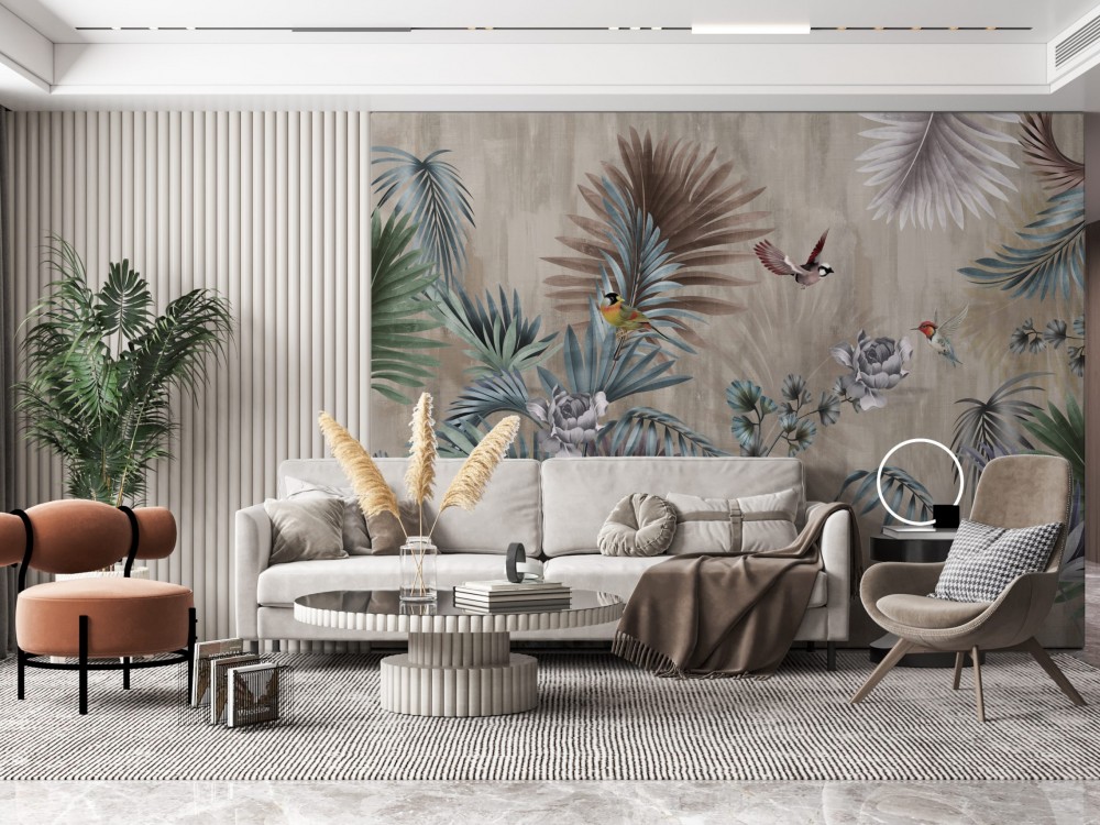 Keten Dokulu Zemin Üzerine Egzotik Yaprak ve Renkli Kuş Desenli Duvar Kağıdı