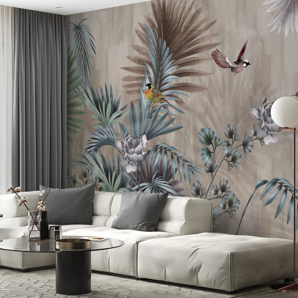 Keten Dokulu Zemin Üzerine Egzotik Yaprak ve Renkli Kuş Desenli Duvar Kağıdı