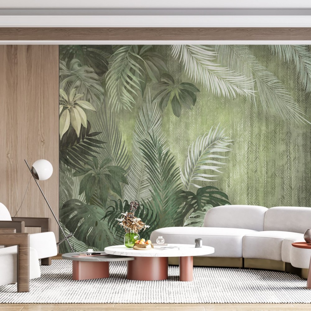 Vintage Yeşil Tropikal Orman ve Palmiye Yaprağı Desenli Duvar Kağıdı
