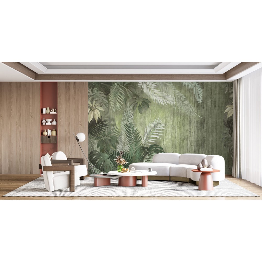 Vintage Yeşil Tropikal Orman ve Palmiye Yaprağı Desenli Duvar Kağıdı