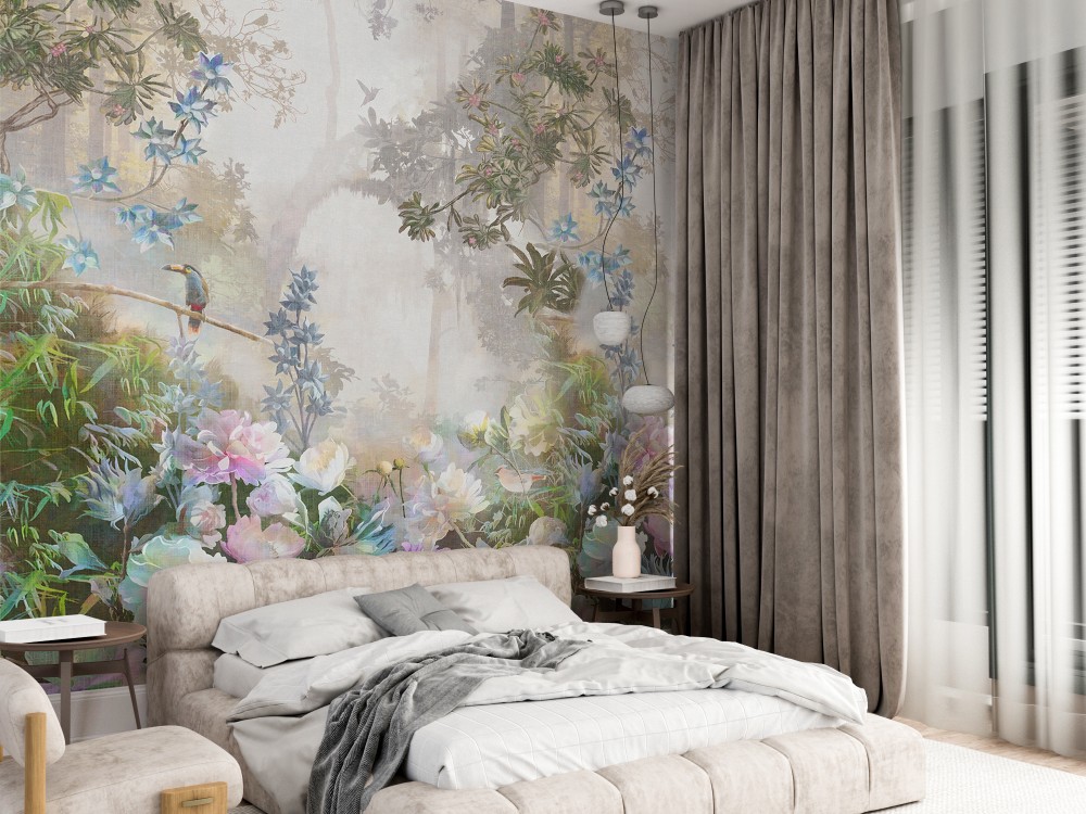 Mistik Orman, Egzotik Kuşlar ve Renkli Çiçek Desenli Duvar Kağıdı