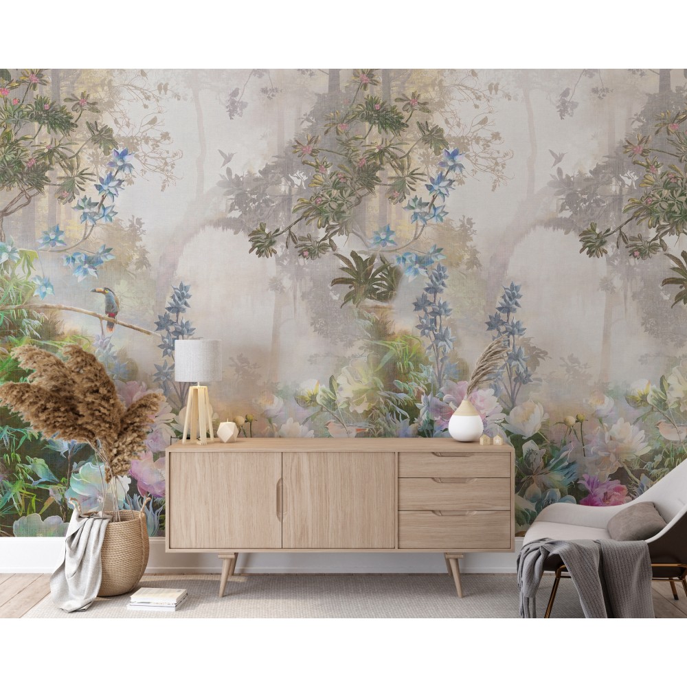 Mistik Orman, Egzotik Kuşlar ve Renkli Çiçek Desenli Duvar Kağıdı