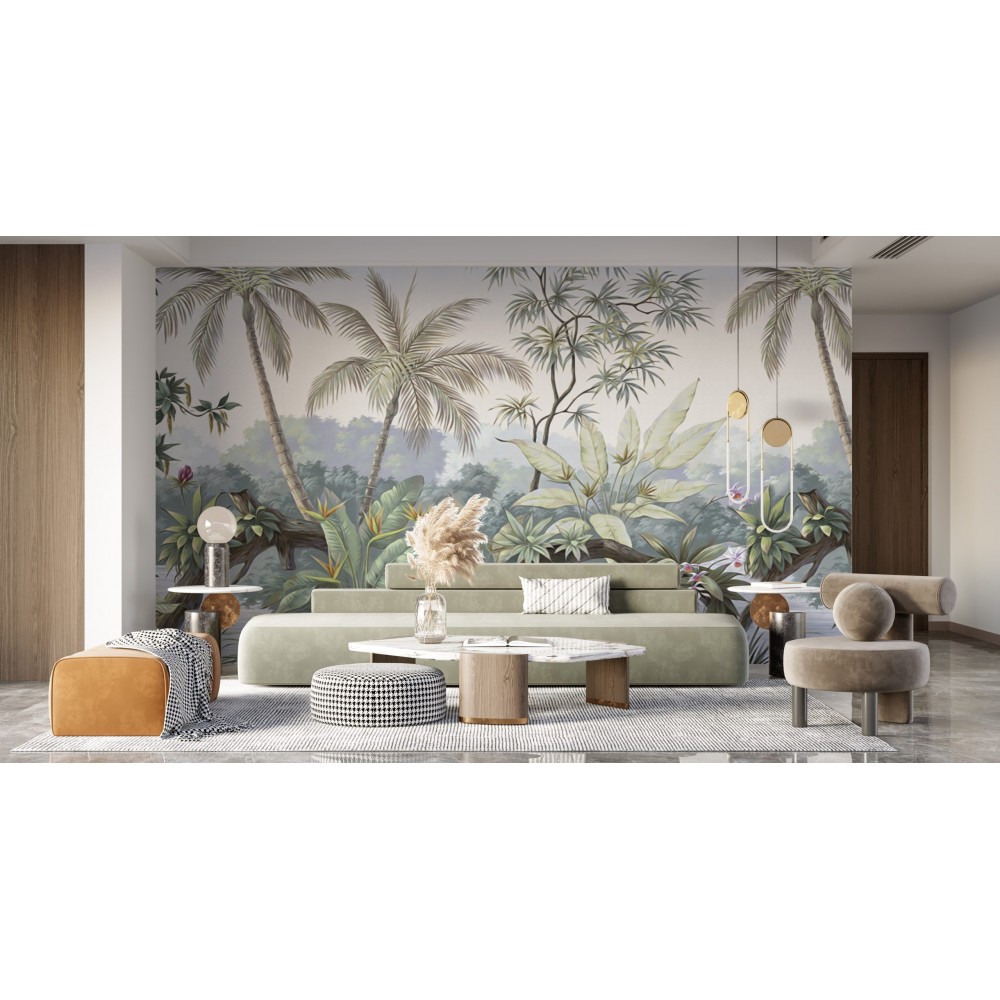 Soft Tonlu Panoramik Palmiye ve Egzotik Orman Manzaralı Duvar Kağıdı