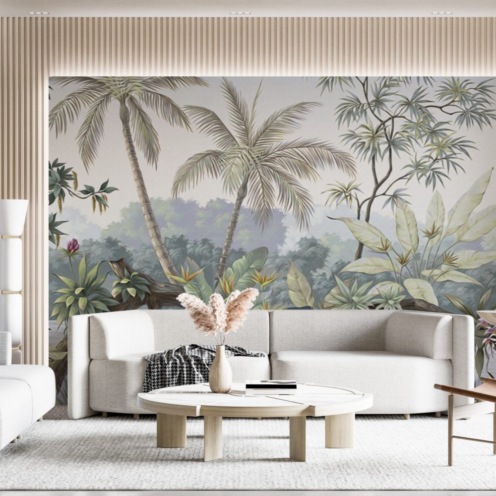 Soft Tonlu Panoramik Palmiye ve Egzotik Orman Manzaralı Duvar Kağıdı