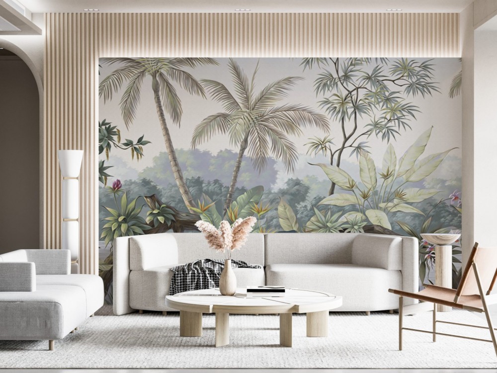 Soft Tonlu Panoramik Palmiye ve Egzotik Orman Manzaralı Duvar Kağıdı