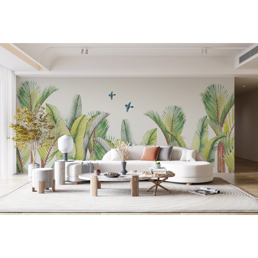 Modern Suluboya Tropikal Palmiye Yaprakları ve Mavi Kuşlar Duvar Kağıdı