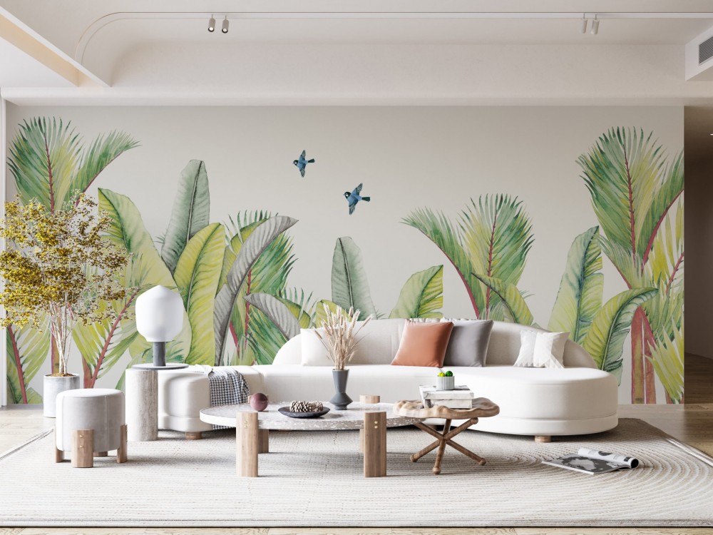 Modern Suluboya Tropikal Palmiye Yaprakları ve Mavi Kuşlar Duvar Kağıdı