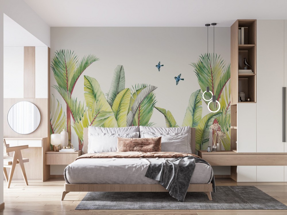 Modern Suluboya Tropikal Palmiye Yaprakları ve Mavi Kuşlar Duvar Kağıdı