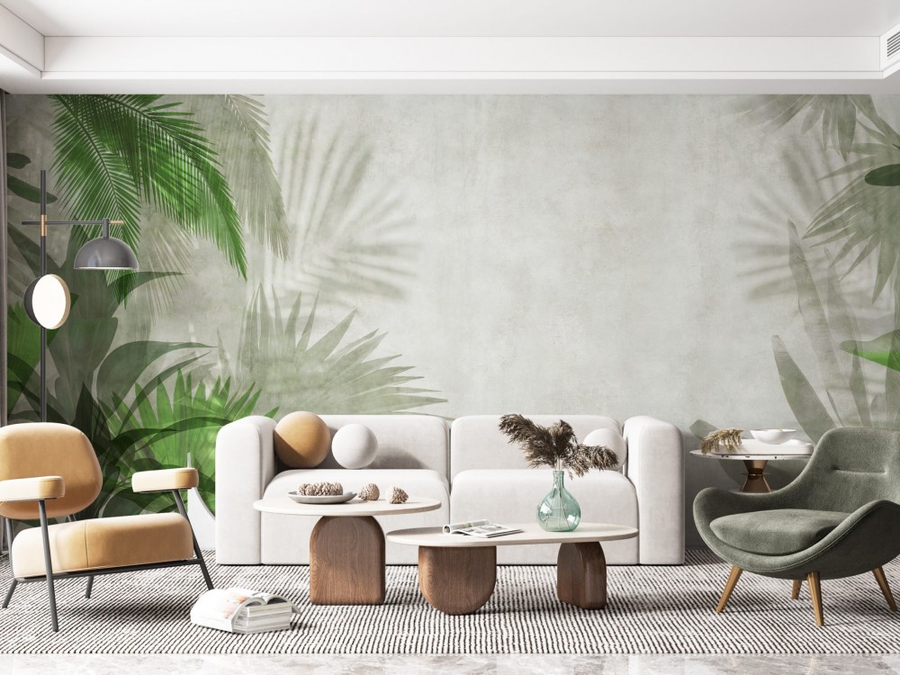 Modern Tropikal Palmiye Yaprağı ve Gölge Efektli Duvar Kağıdı