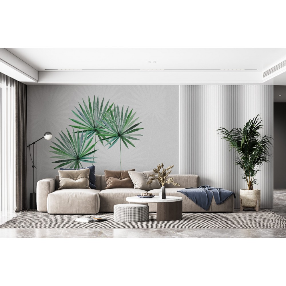 Minimalist Gri Zeminli ve Modern Yeşil Yaprak İllüstrasyonlu Duvar Kağıdı