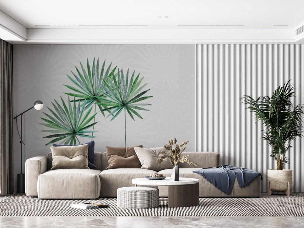 Minimalist Gri Zeminli ve Modern Yeşil Yaprak İllüstrasyonlu Duvar Kağıdı