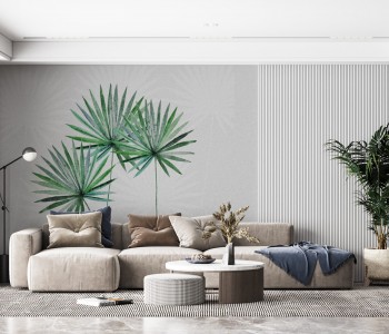 Minimalist Gri Zeminli ve Modern Yeşil Yaprak İllüstrasyonlu Duvar Kağıdı