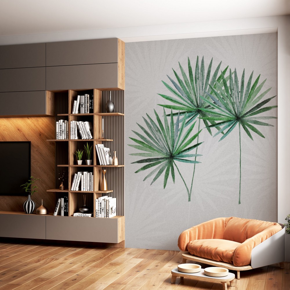 Minimalist Gri Zeminli ve Modern Yeşil Yaprak İllüstrasyonlu Duvar Kağıdı