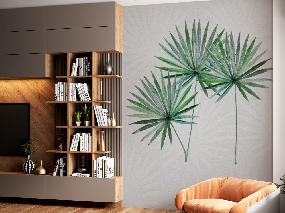 Minimalist Gri Zeminli ve Modern Yeşil Yaprak İllüstrasyonlu Duvar Kağıdı