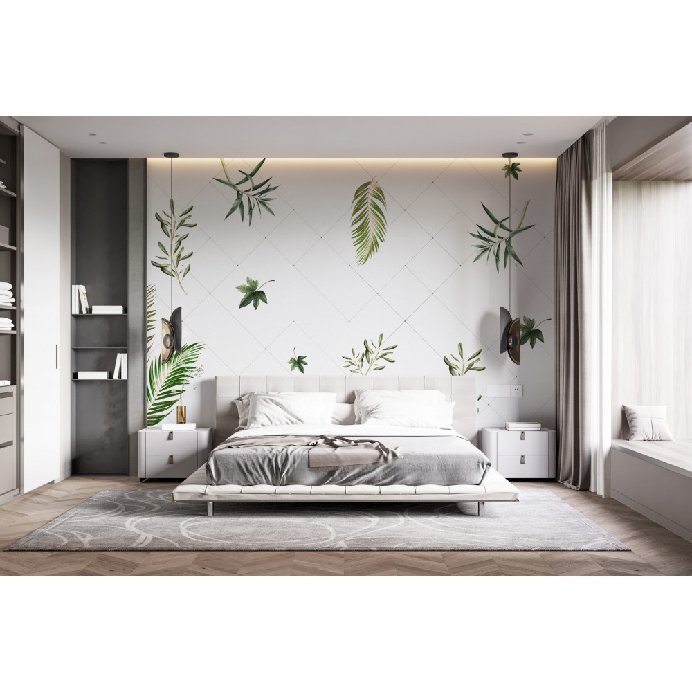 Geometrik Baklava Desenli ve Tropikal Asılı Yaprak Temalı Duvar Kağıdı