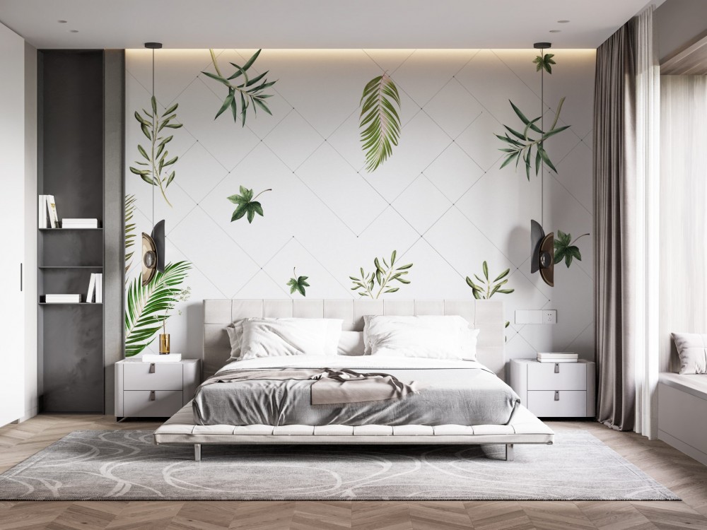 Geometrik Baklava Desenli ve Tropikal Asılı Yaprak Temalı Duvar Kağıdı