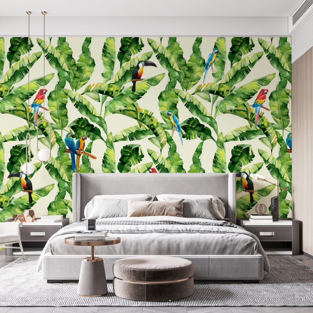 Canlı Tropikal Yapraklar ve Renkli Papağan Desenli Duvar Kağıdı