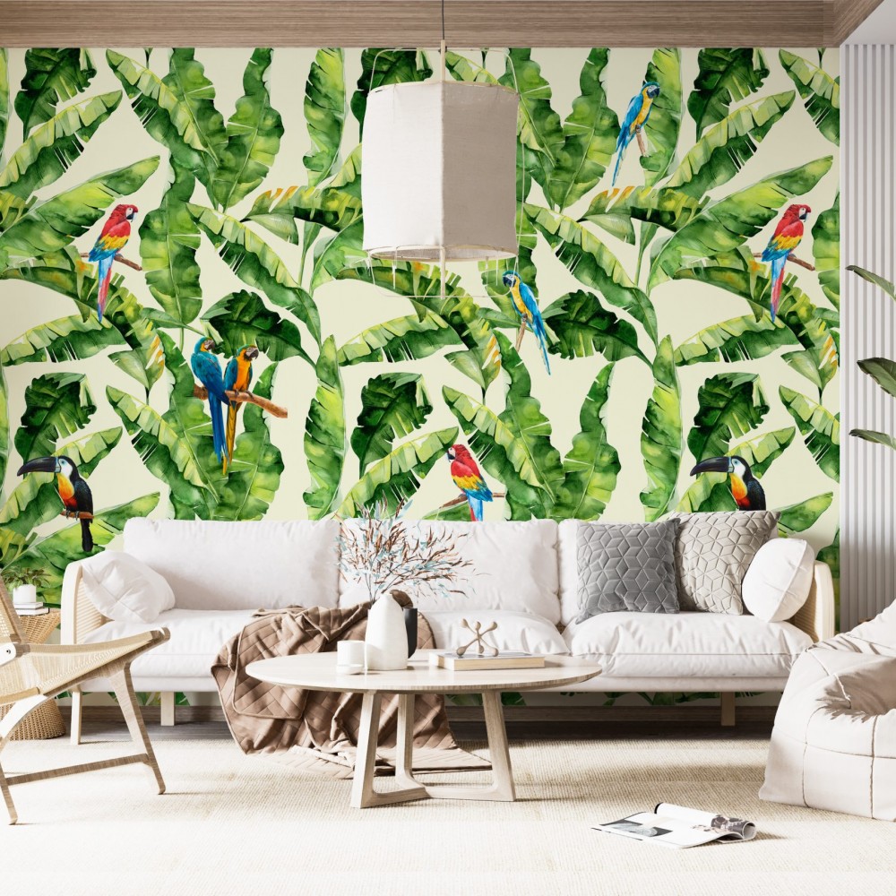 Canlı Tropikal Yapraklar ve Renkli Papağan Desenli Duvar Kağıdı