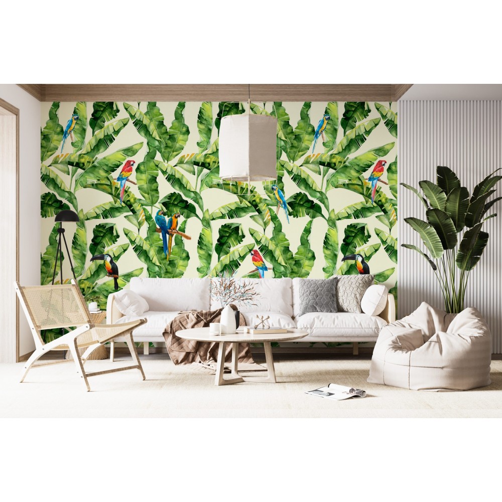 Canlı Tropikal Yapraklar ve Renkli Papağan Desenli Duvar Kağıdı