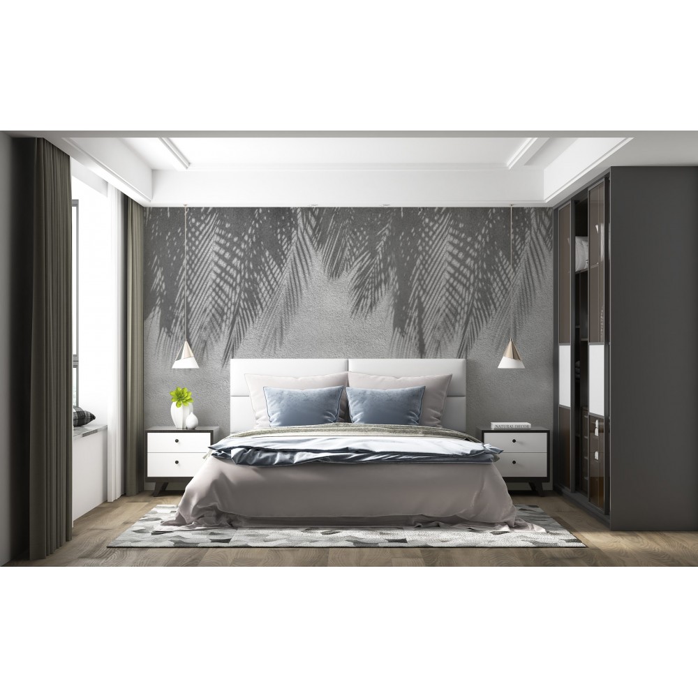 Brüt Beton Dokulu ve Tropikal Palmiye Yaprağı Gölge Desenli Duvar Kağıdı