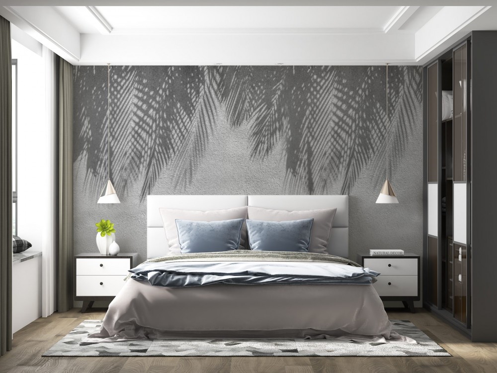 Brüt Beton Dokulu ve Tropikal Palmiye Yaprağı Gölge Desenli Duvar Kağıdı