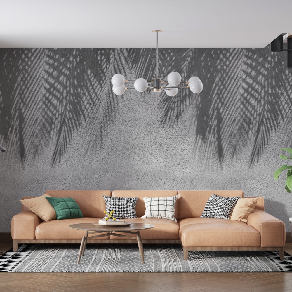 Brüt Beton Dokulu ve Tropikal Palmiye Yaprağı Gölge Desenli Duvar Kağıdı