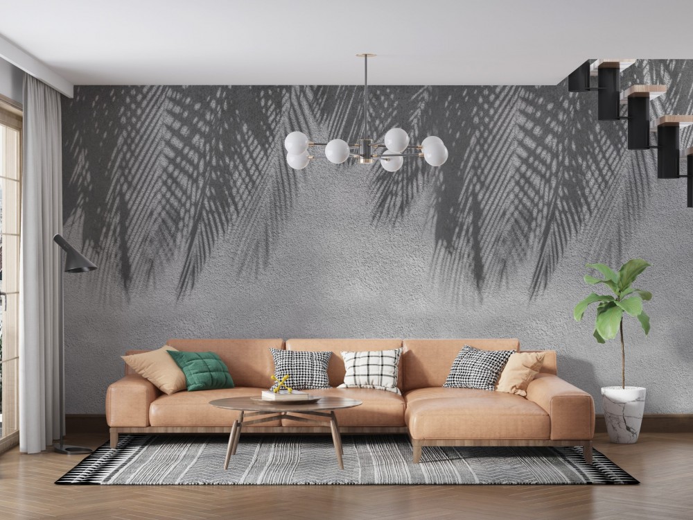 Brüt Beton Dokulu ve Tropikal Palmiye Yaprağı Gölge Desenli Duvar Kağıdı