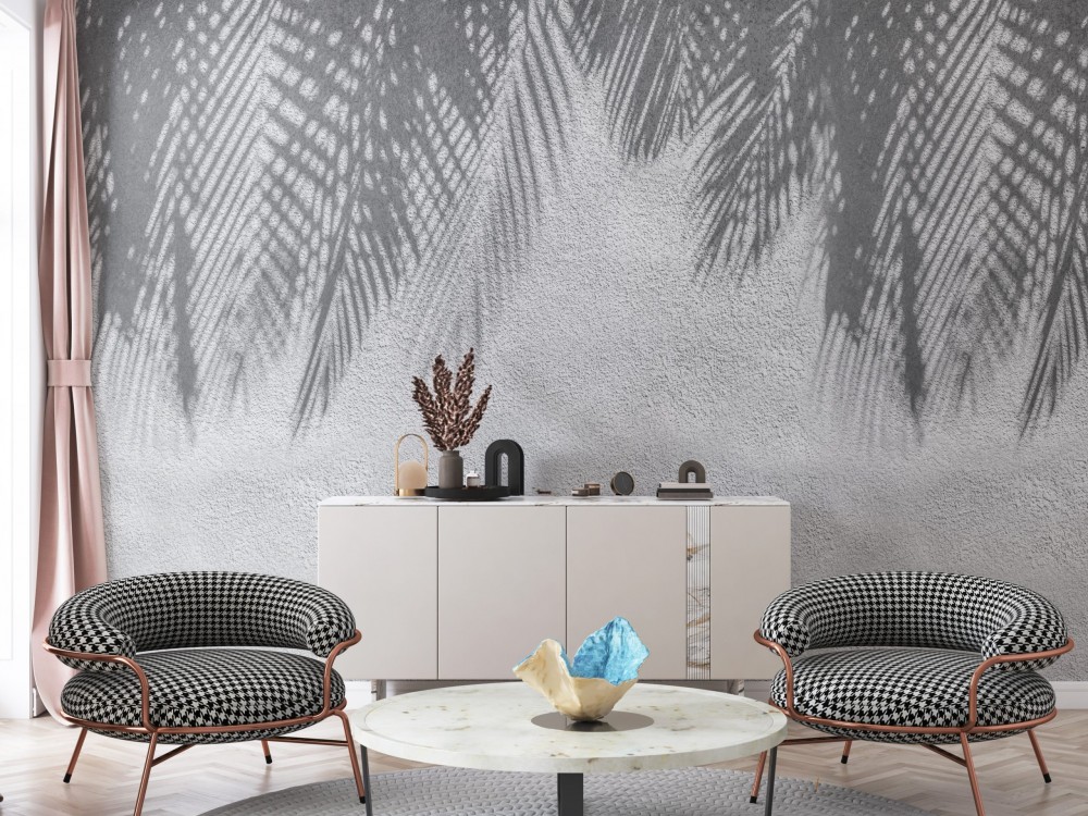 Brüt Beton Dokulu ve Tropikal Palmiye Yaprağı Gölge Desenli Duvar Kağıdı