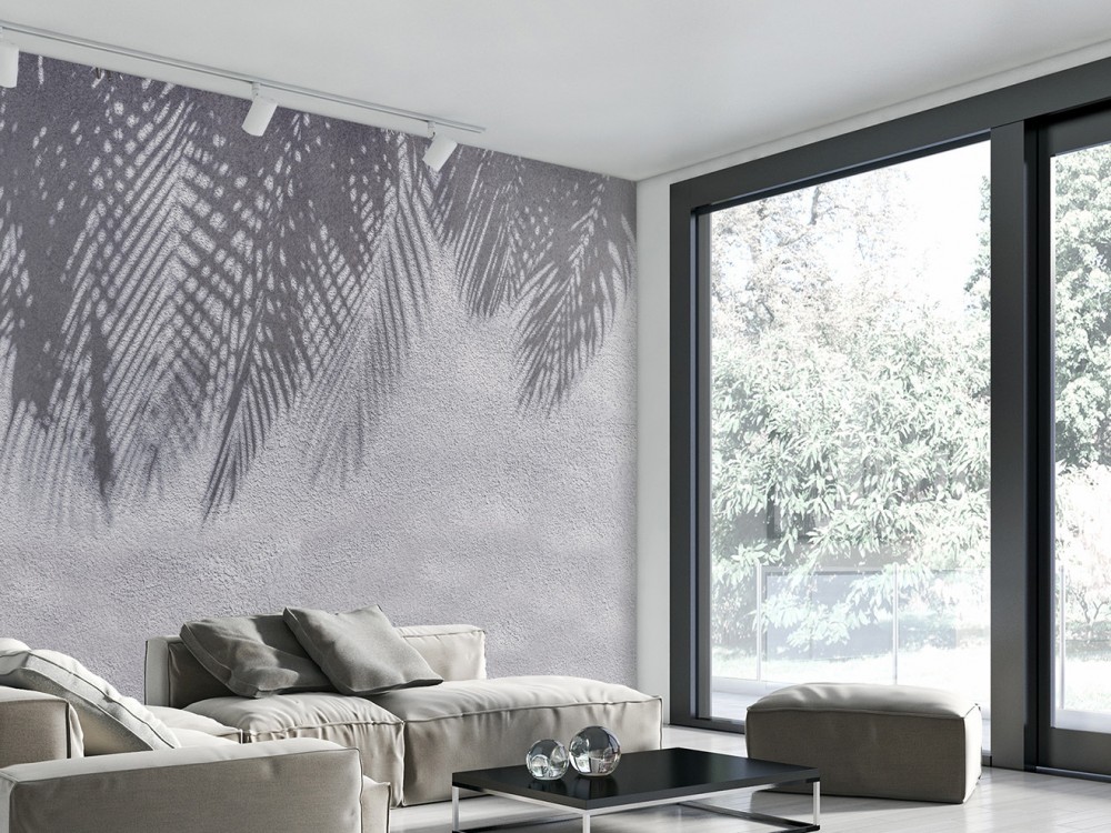 Brüt Beton Dokulu ve Tropikal Palmiye Yaprağı Gölge Desenli Duvar Kağıdı