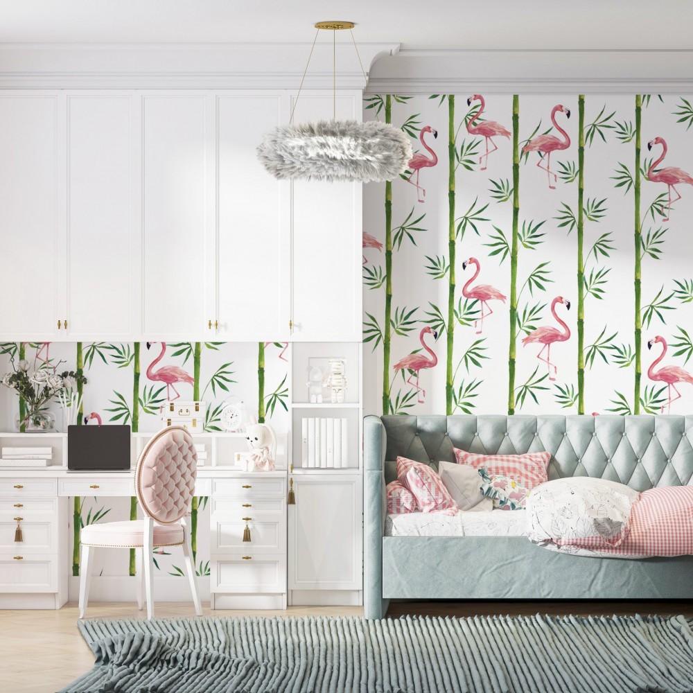 Dikey Bambu Kamışları ve İllüstrasyon Flamingo Desenli Duvar Kağıdı