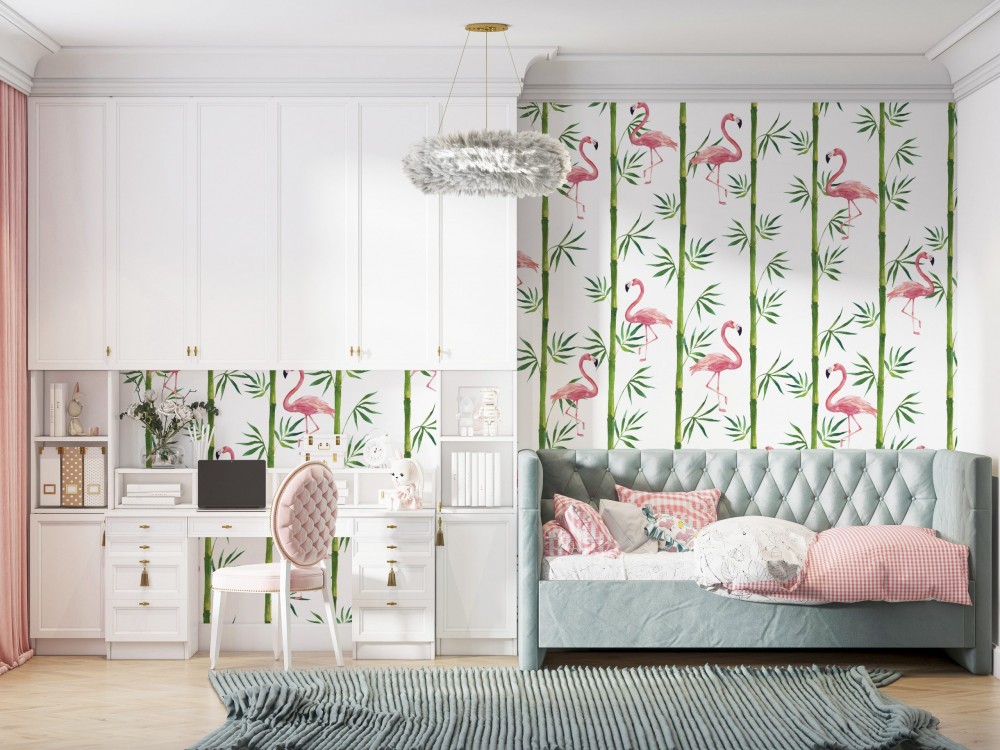 Dikey Bambu Kamışları ve İllüstrasyon Flamingo Desenli Duvar Kağıdı