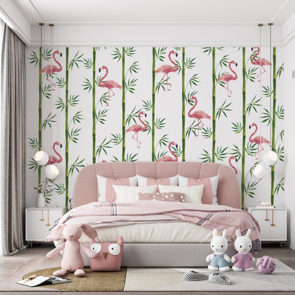 Dikey Bambu Kamışları ve İllüstrasyon Flamingo Desenli Duvar Kağıdı