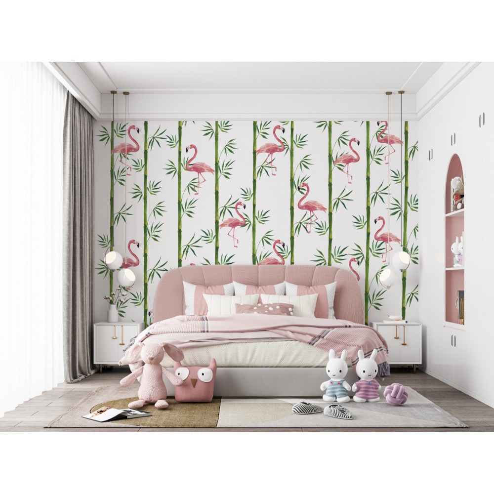 Dikey Bambu Kamışları ve İllüstrasyon Flamingo Desenli Duvar Kağıdı