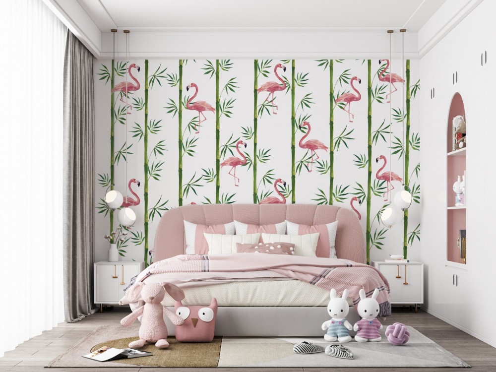 Dikey Bambu Kamışları ve İllüstrasyon Flamingo Desenli Duvar Kağıdı