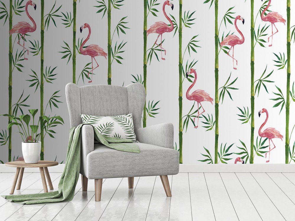 Dikey Bambu Kamışları ve İllüstrasyon Flamingo Desenli Duvar Kağıdı