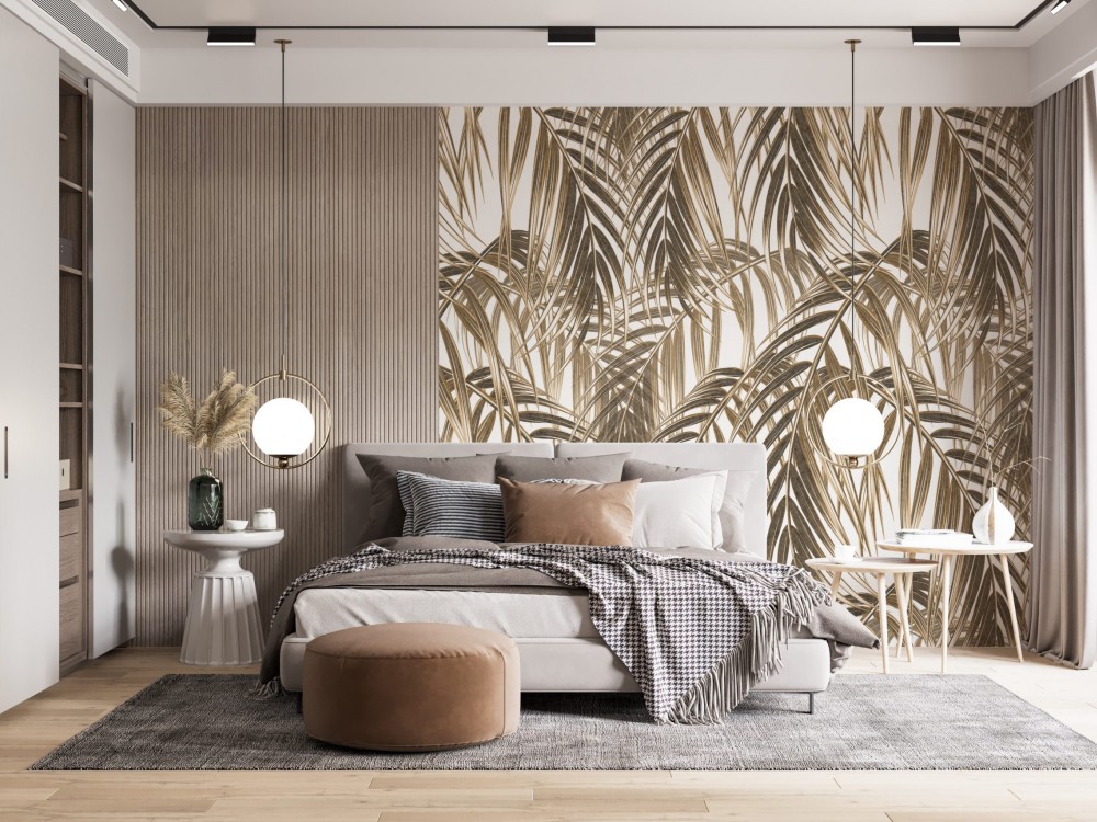 Modern Boho Tarzı Yoğun Palmiye Yaprağı İllüstrasyonlu Duvar Kağıdı
