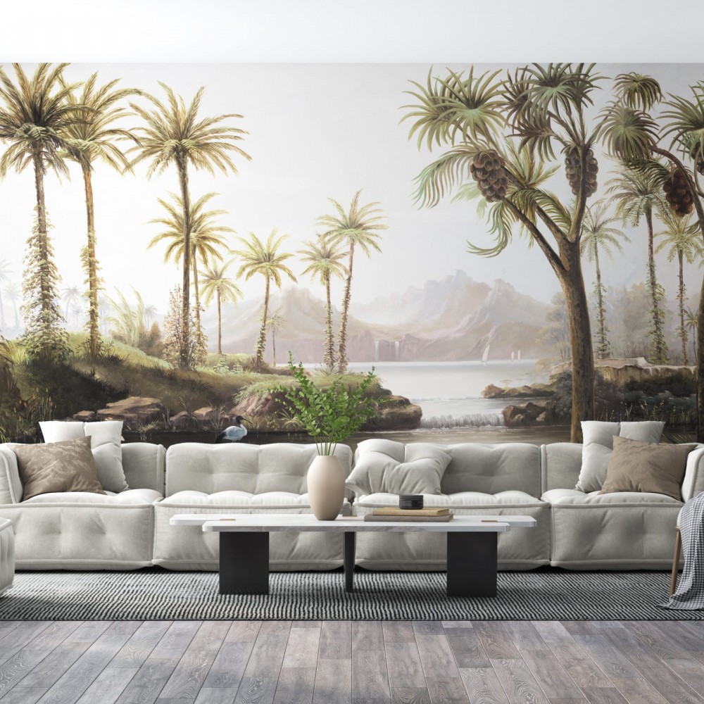 Panoramik Vaha Manzaralı ve Egzotik Palmiye Desenli Duvar Kağıdı