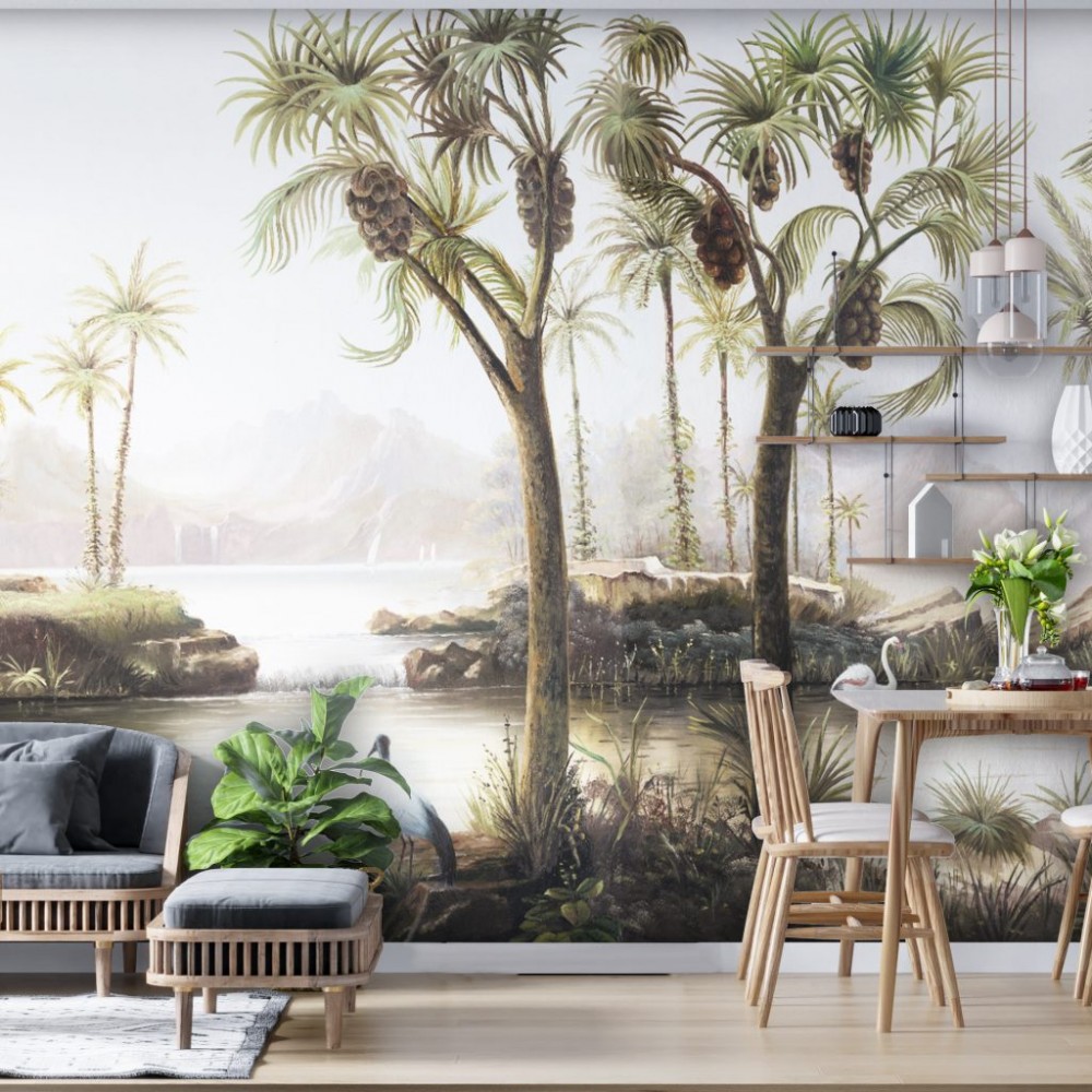 Panoramik Vaha Manzaralı ve Egzotik Palmiye Desenli Duvar Kağıdı