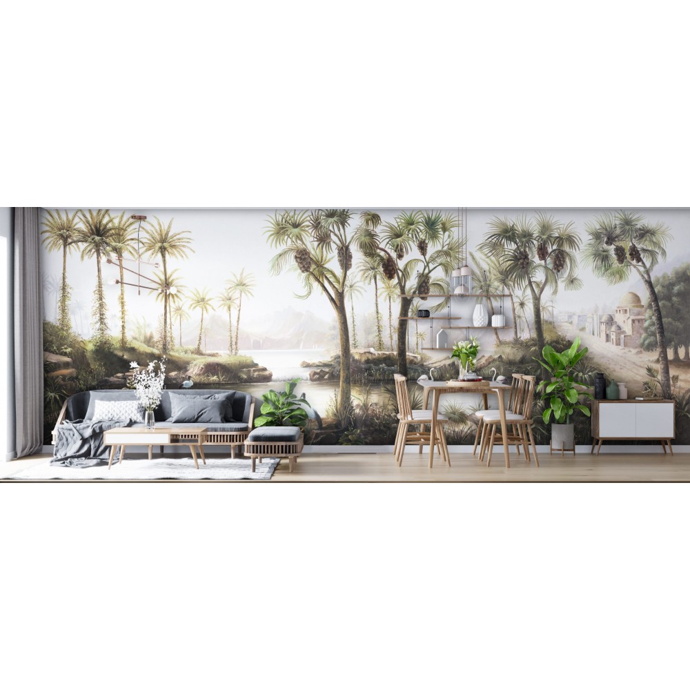 Panoramik Vaha Manzaralı ve Egzotik Palmiye Desenli Duvar Kağıdı