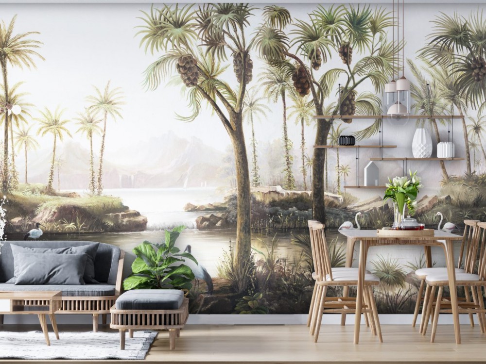 Panoramik Vaha Manzaralı ve Egzotik Palmiye Desenli Duvar Kağıdı