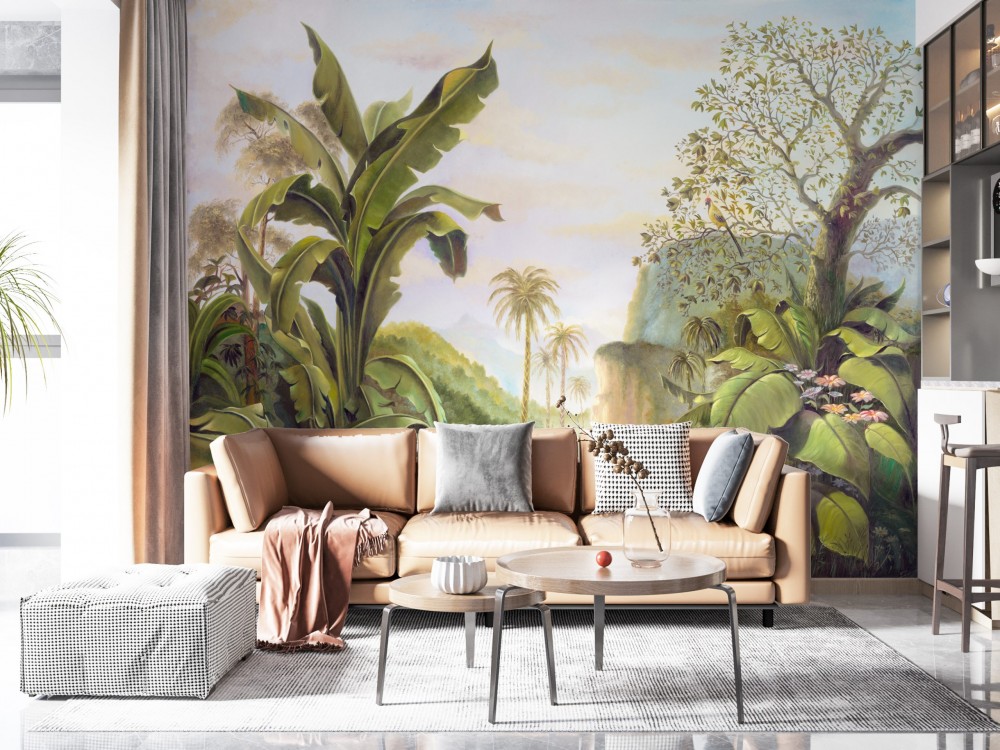 Panoramik Tropikal Orman ve Puslu Dağ Manzaralı Duvar Kağıdı